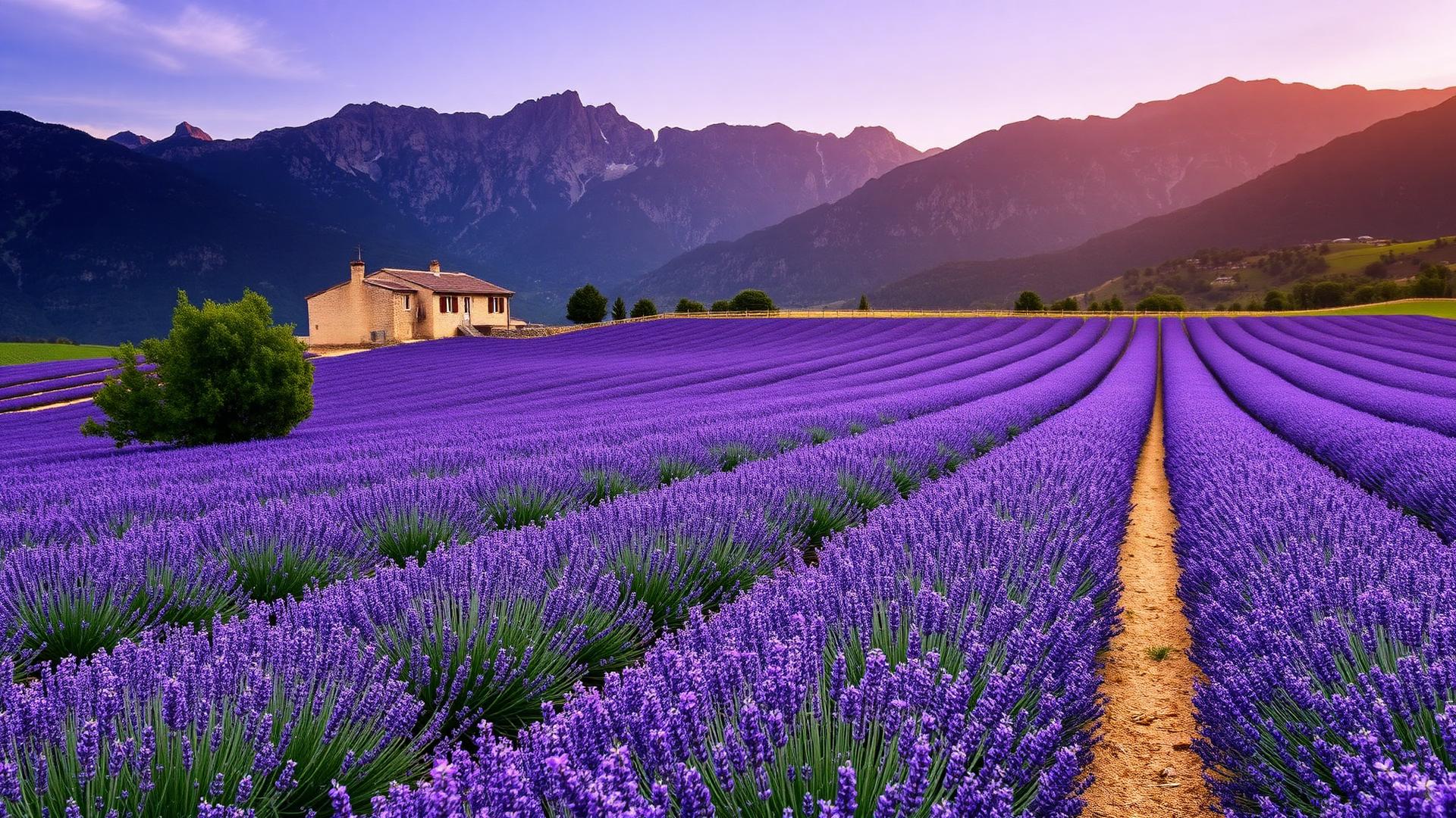 Champs de lavande de Haute-Provence avec les Alpes en arrière-plan au coucher du soleil