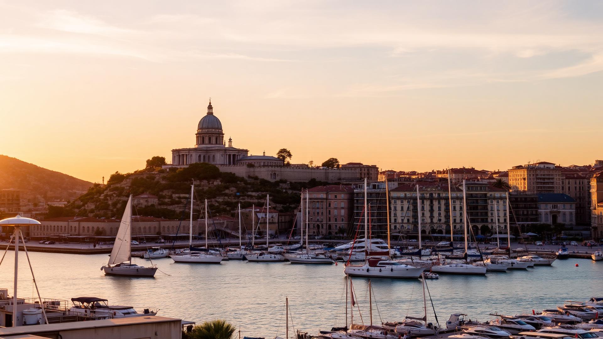 Vue du Vieux-Port de Marseille avec Notre-Dame de la Garde au coucher du soleil
