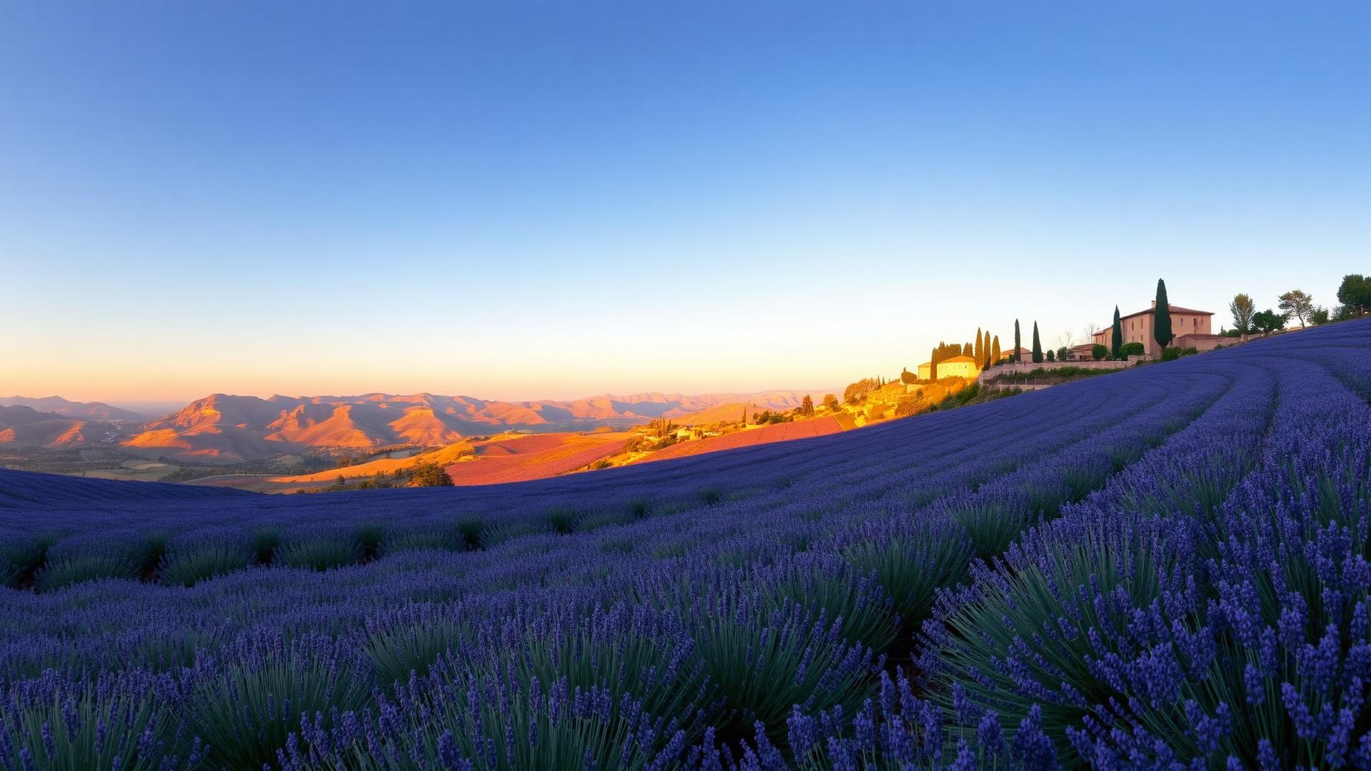 Panorama de la Provence au coucher du soleil, champs de lavande et collines