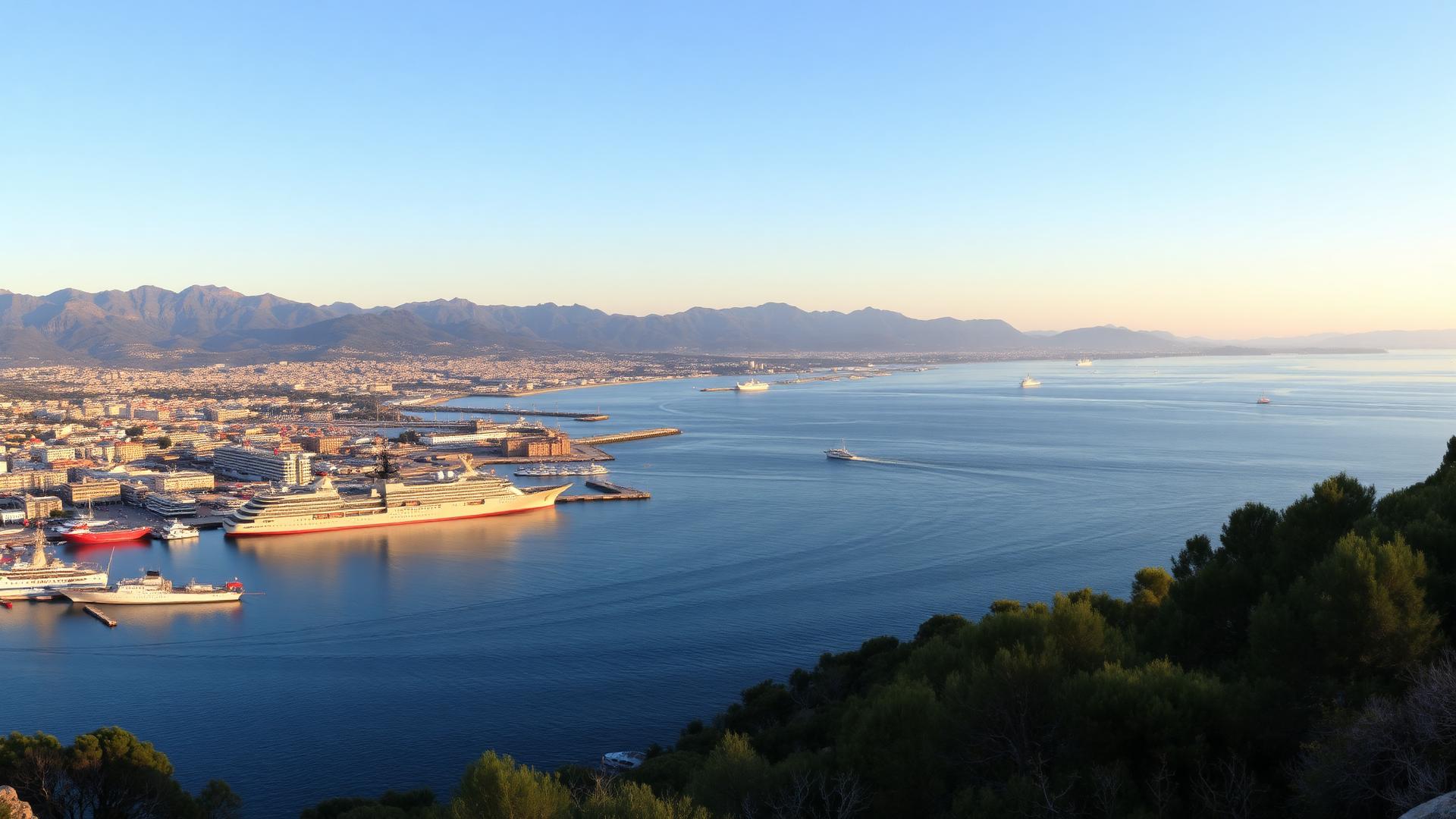 Panorama de la rade de Toulon vue depuis les hauteurs, marine et navires